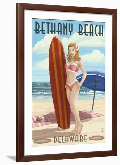Bethany Beach, Delaware - Surfer Pinup-Lantern Press-Framed Art Print