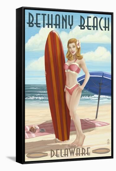 Bethany Beach, Delaware - Surfer Pinup-Lantern Press-Framed Stretched Canvas