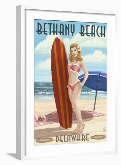 Bethany Beach, Delaware - Surfer Pinup-Lantern Press-Framed Art Print