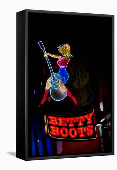 Betty Boots Neon Sign, Lower Broadway, Nashville, Tennessee-null-Framed Stretched Canvas