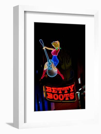 Betty Boots Neon Sign, Lower Broadway, Nashville, Tennessee-null-Framed Photographic Print