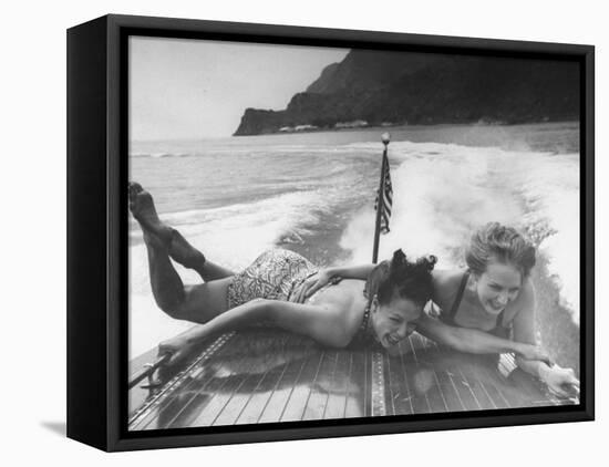 Betty Brooks and Patti McCarty Motor Boating at Catalina Island-Peter Stackpole-Framed Stretched Canvas