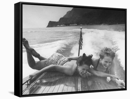 Betty Brooks and Patti McCarty Motor Boating at Catalina Island-Peter Stackpole-Framed Stretched Canvas