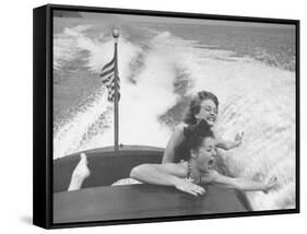 Betty Brooks and Patti McCarty Motor Boating at Catalina Island-Peter Stackpole-Framed Stretched Canvas