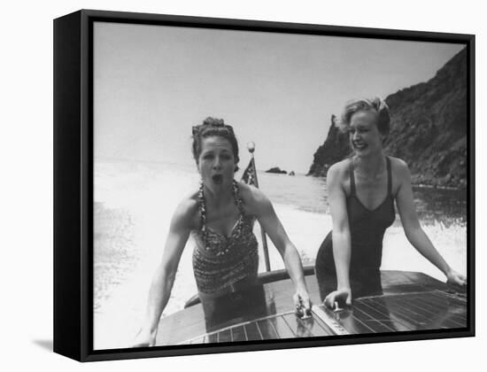 Betty Brooks and Patti McCarty Motor Boating at Catalina Island-Peter Stackpole-Framed Stretched Canvas