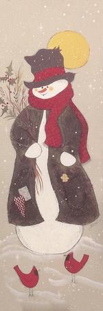 Snowman with Top Hat, Scarf, and Jacket Holding Tree Branch with 2 Red Birds