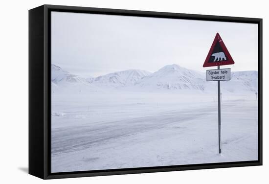 Beware of Polar Bear Traffic Sign on Ice Road-Stephen Studd-Framed Stretched Canvas