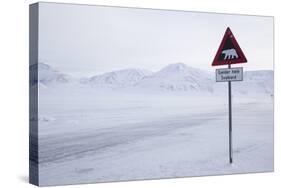 Beware of Polar Bear Traffic Sign on Ice Road-Stephen Studd-Stretched Canvas