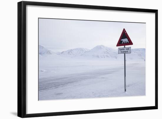 Beware of Polar Bear Traffic Sign on Ice Road-Stephen Studd-Framed Photographic Print