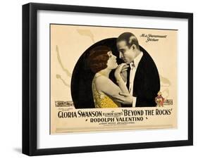 BEYOND THE ROCKS, l-r: Gloria Swanson, Rudolph Valentino on lobbycard, 1922.-null-Framed Art Print