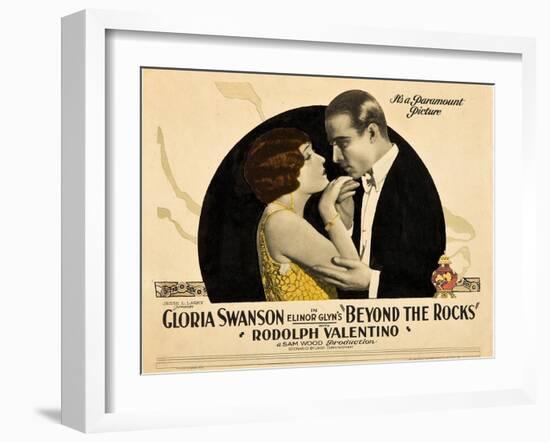BEYOND THE ROCKS, l-r: Gloria Swanson, Rudolph Valentino on lobbycard, 1922.-null-Framed Art Print