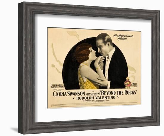 BEYOND THE ROCKS, l-r: Gloria Swanson, Rudolph Valentino on lobbycard, 1922.-null-Framed Art Print