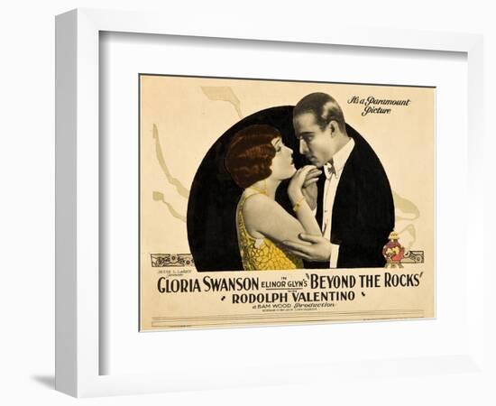 BEYOND THE ROCKS, l-r: Gloria Swanson, Rudolph Valentino on lobbycard, 1922.-null-Framed Art Print