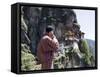 Bhutanese Man with Cell Phone, Taktshang Goemba (Tiger's Nest) Monastery, Paro, Bhutan, Asia-Angelo Cavalli-Framed Stretched Canvas