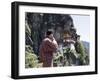 Bhutanese Man with Cell Phone, Taktshang Goemba (Tiger's Nest) Monastery, Paro, Bhutan, Asia-Angelo Cavalli-Framed Photographic Print