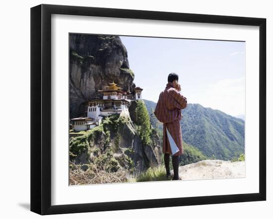 Bhutanese Man with Cell Phone, Taktshang Goemba (Tiger's Nest) Monastery, Paro, Bhutan-Angelo Cavalli-Framed Photographic Print