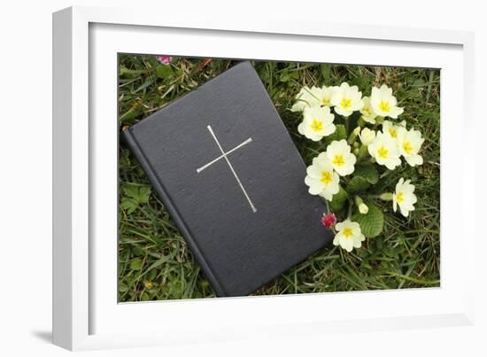 Bible on the grass with primrose at springtime-null-Framed Giclee Print