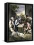 Bible Scene: Shepherds with Mary, Joseph and Jesus in Bethlehem (Bethleem). Colouring Engraving of-null-Framed Stretched Canvas