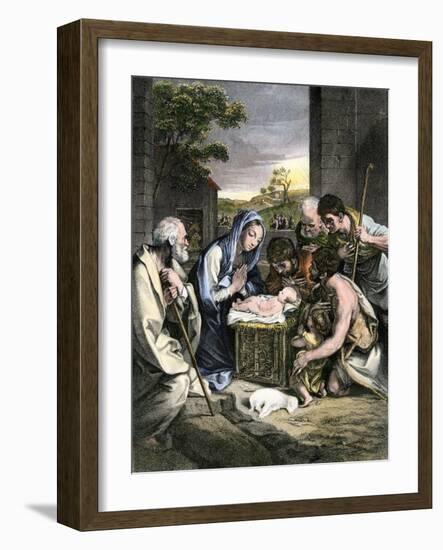 Bible Scene: Shepherds with Mary, Joseph and Jesus in Bethlehem (Bethleem). Colouring Engraving of-null-Framed Giclee Print