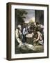 Bible Scene: Shepherds with Mary, Joseph and Jesus in Bethlehem (Bethleem). Colouring Engraving of-null-Framed Giclee Print