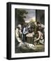 Bible Scene: Shepherds with Mary, Joseph and Jesus in Bethlehem (Bethleem). Colouring Engraving of-null-Framed Giclee Print