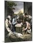 Bible Scene: Shepherds with Mary, Joseph and Jesus in Bethlehem (Bethleem). Colouring Engraving of-null-Mounted Giclee Print
