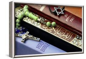 Bibles and Quran, interfaith symbols of Christianity, Islam and Judaism-Godong-Framed Photographic Print
