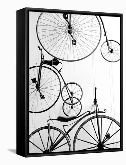 Bicycle Display at Swiss Transport Museum, Lucerne, Switzerland-Walter Bibikow-Framed Stretched Canvas