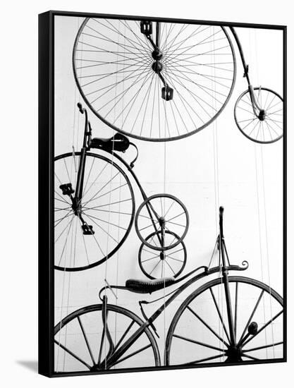 Bicycle Display at Swiss Transport Museum, Lucerne, Switzerland-Walter Bibikow-Framed Stretched Canvas