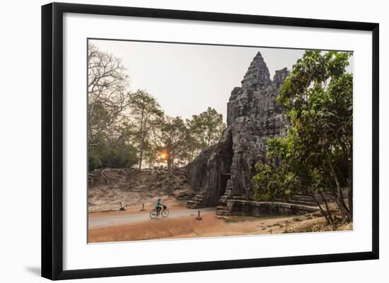 Bicycle Going Through the South Gate in Angkor Thom at Sunrise, Angkor, Siem Reap, Cambodia-Michael Nolan-Framed Photographic Print