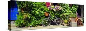 Bicycle in Front of Wall Covered with Plants and Flowers, Rochefort En Terre, France-null-Stretched Canvas