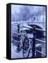 Bicycle on Rail by Canal, Amsterdam, Netherlands-Walter Bibikow-Framed Stretched Canvas