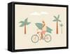 Bicycle Rider with Surfboard on the Beach-Tasiania-Framed Stretched Canvas