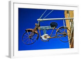 Bicycle sign outside store, Virginia City, MT-null-Framed Photographic Print