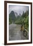 Bicycle sits in front of the Guilin Mountains, Guilin, Yangshuo, China-Josh Anon-Framed Photographic Print