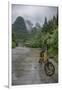 Bicycle sits in front of the Guilin Mountains, Guilin, Yangshuo, China-Josh Anon-Framed Premium Photographic Print