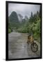 Bicycle sits in front of the Guilin Mountains, Guilin, Yangshuo, China-Josh Anon-Framed Premium Photographic Print