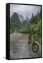 Bicycle sits in front of the Guilin Mountains, Guilin, Yangshuo, China-Josh Anon-Framed Stretched Canvas