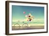 Bicycle Vintage with Heart Balloon on Beach Blue Sky Concept of Love in Summer and Wedding-jakkapan-Framed Photographic Print