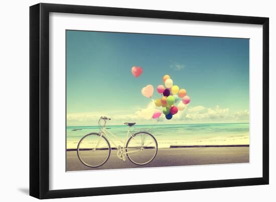 Bicycle Vintage with Heart Balloon on Beach Blue Sky Concept of Love in Summer and Wedding-jakkapan-Framed Photographic Print