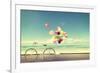 Bicycle Vintage with Heart Balloon on Beach Blue Sky Concept of Love in Summer and Wedding-jakkapan-Framed Photographic Print