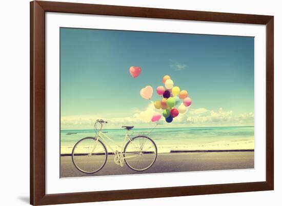 Bicycle Vintage with Heart Balloon on Beach Blue Sky Concept of Love in Summer and Wedding-jakkapan-Framed Photographic Print