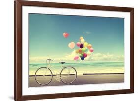 Bicycle Vintage with Heart Balloon on Beach Blue Sky Concept of Love in Summer and Wedding-jakkapan-Framed Photographic Print