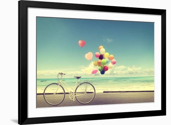 Bicycle Vintage with Heart Balloon on Beach Blue Sky Concept of Love in Summer and Wedding-jakkapan-Framed Photographic Print