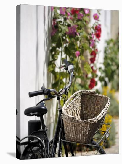 Bicycle with Basket and Hollyhocks, Ars-En-Re, Ile De Re, Charente-Maritime, France, Europe-Peter Richardson-Stretched Canvas