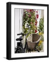 Bicycle with Basket and Hollyhocks, Ars-En-Re, Ile De Re, Charente-Maritime, France, Europe-Peter Richardson-Framed Photographic Print