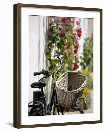 Bicycle with Basket and Hollyhocks, Ars-En-Re, Ile De Re, Charente-Maritime, France, Europe-Peter Richardson-Framed Photographic Print