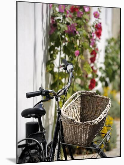 Bicycle with Basket and Hollyhocks, Ars-En-Re, Ile De Re, Charente-Maritime, France, Europe-Peter Richardson-Mounted Photographic Print