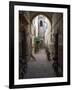 Bicycles and motorcycles parked in an alley off the Rue de la Scala, Essaouira, Morocco-null-Framed Photographic Print