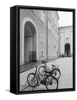 Bicycles in the Domplatz, Salzburg, Austria-Walter Bibikow-Framed Stretched Canvas